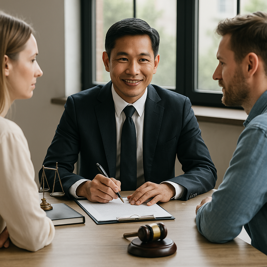 Two American clients sitting across from a Thai lawyer in a modern office, discussing property tax laws and documents related to real estate in Thailand.